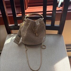 Gold Rhinestone Drawstring Mini Bucket Bag with Chain Strap